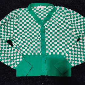 OAK + FORT Vibrant Green Checkered Cardigan